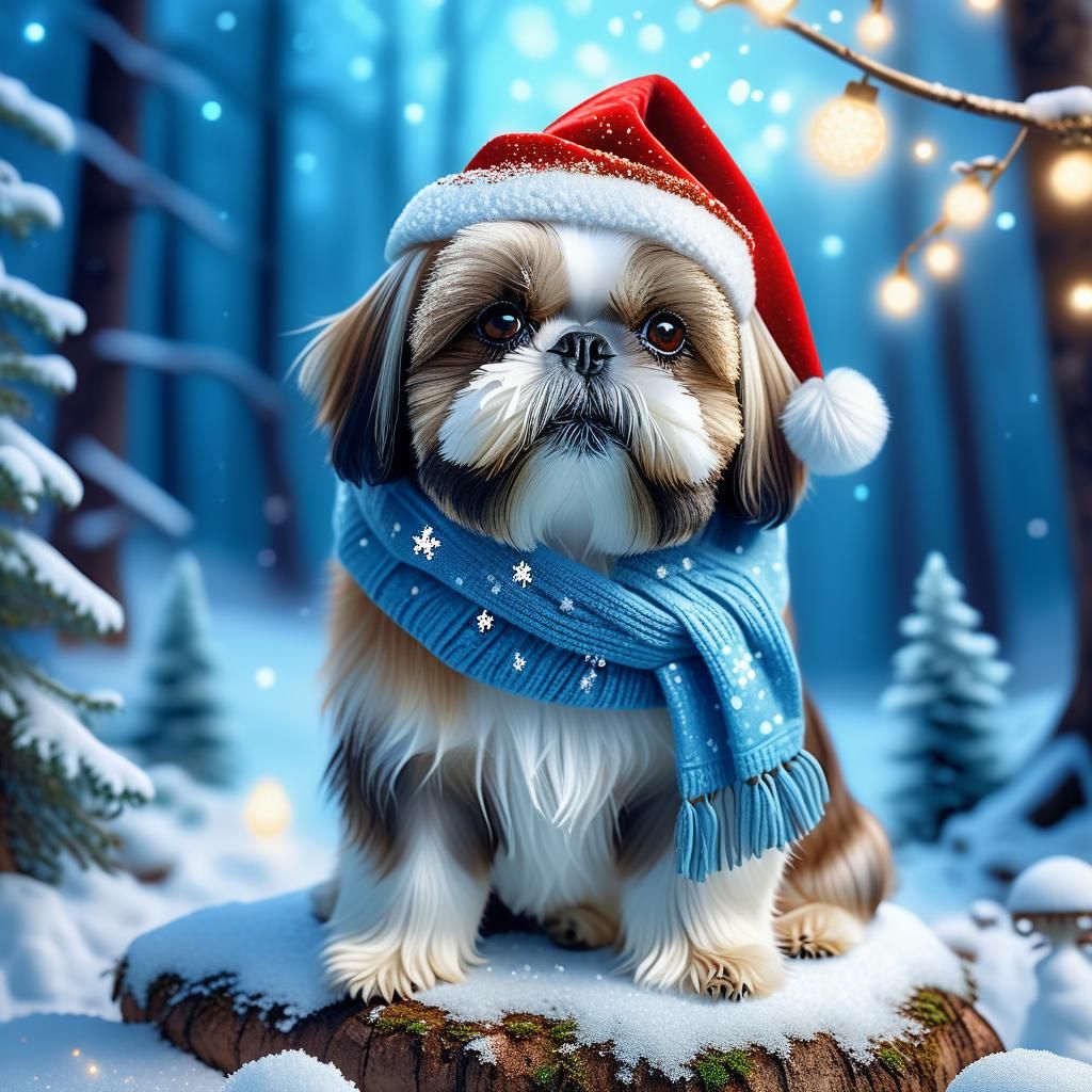 Whimsical Christmas Shih Tzu in Enchanted Forest Wonderland