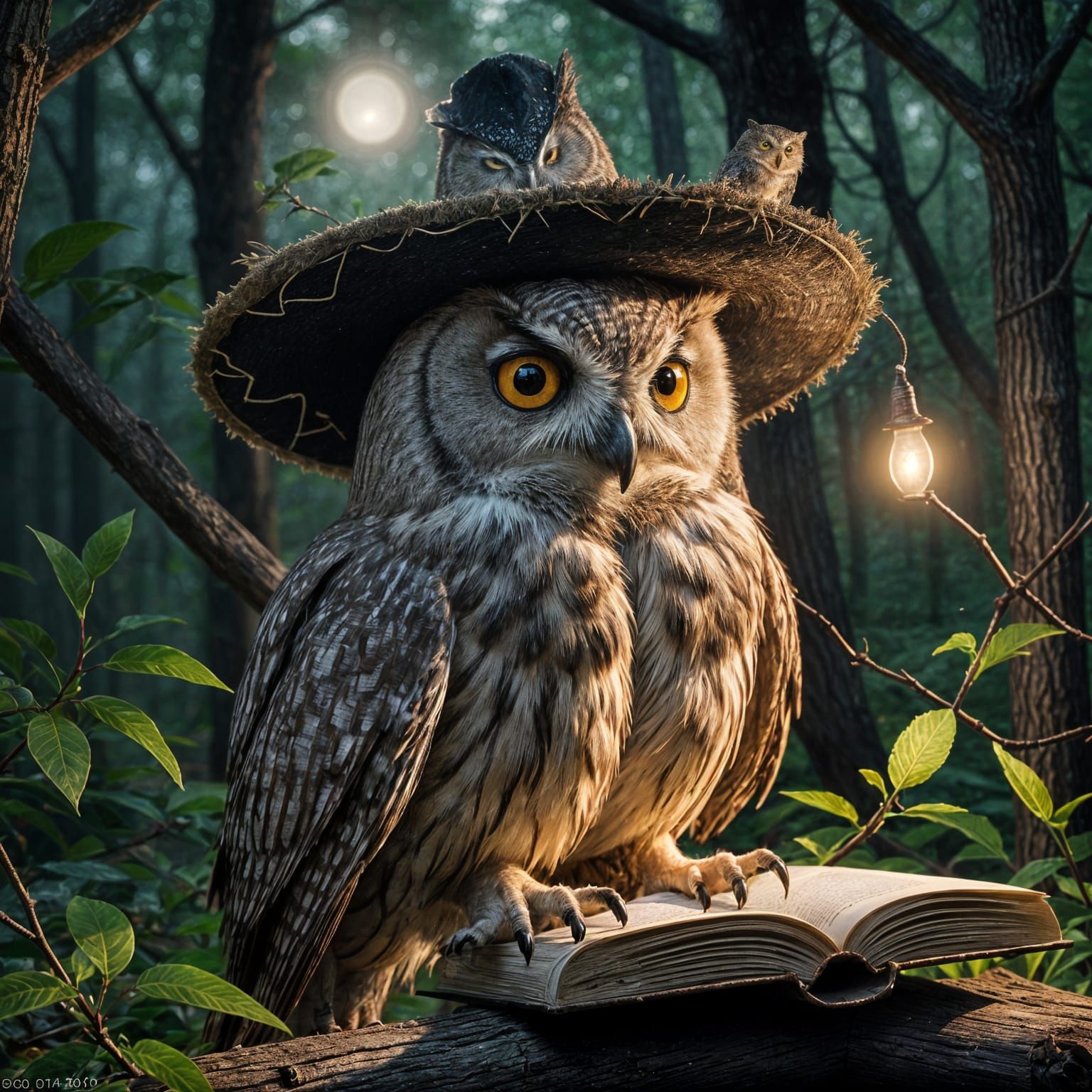 Wise Owl Reading in Forest, Cinematic Lighting