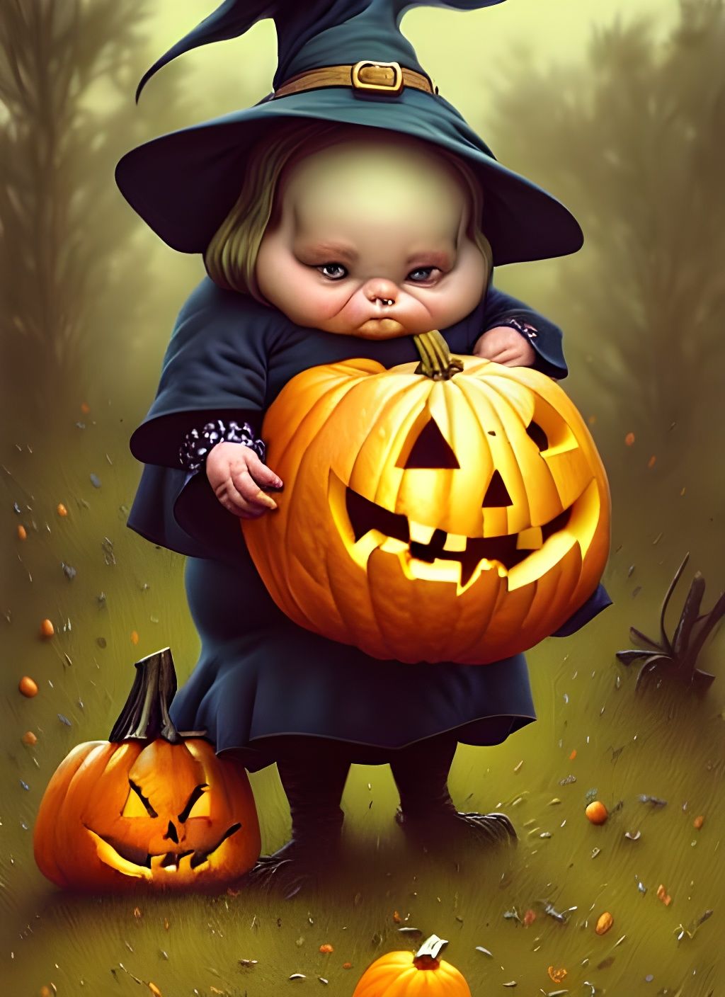 Fat Little Witch with Pumpkin, Digital Art