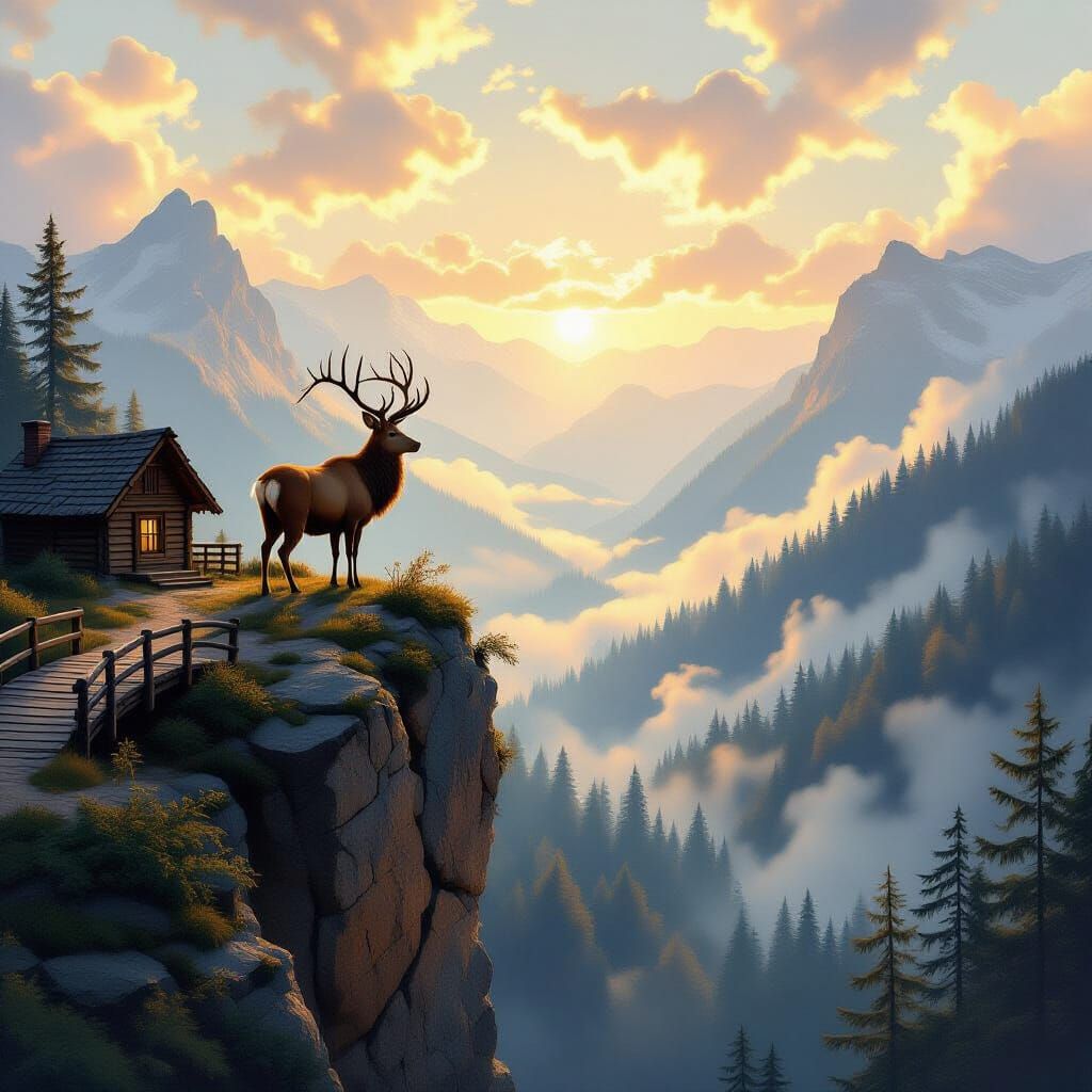 Majestic Stag on Misty Cliff in Golden Morning Light