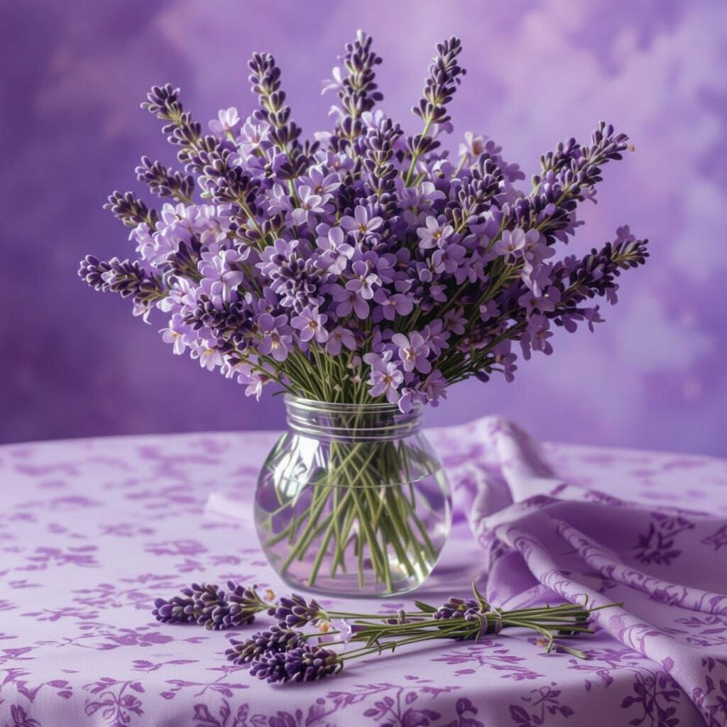 Hyperealistic Lavender Bouquet on Tablecloth