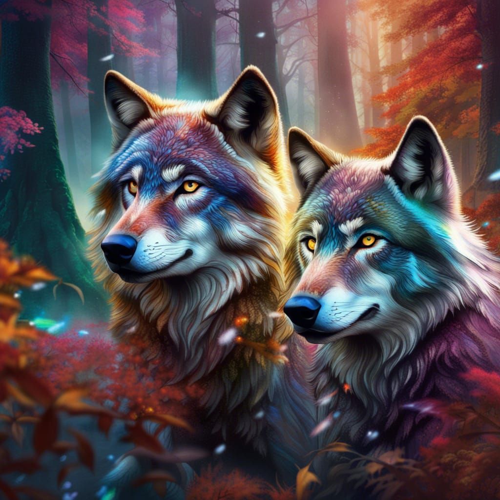 Hyper-Realistic Wolves in Glittered Magical Forest
