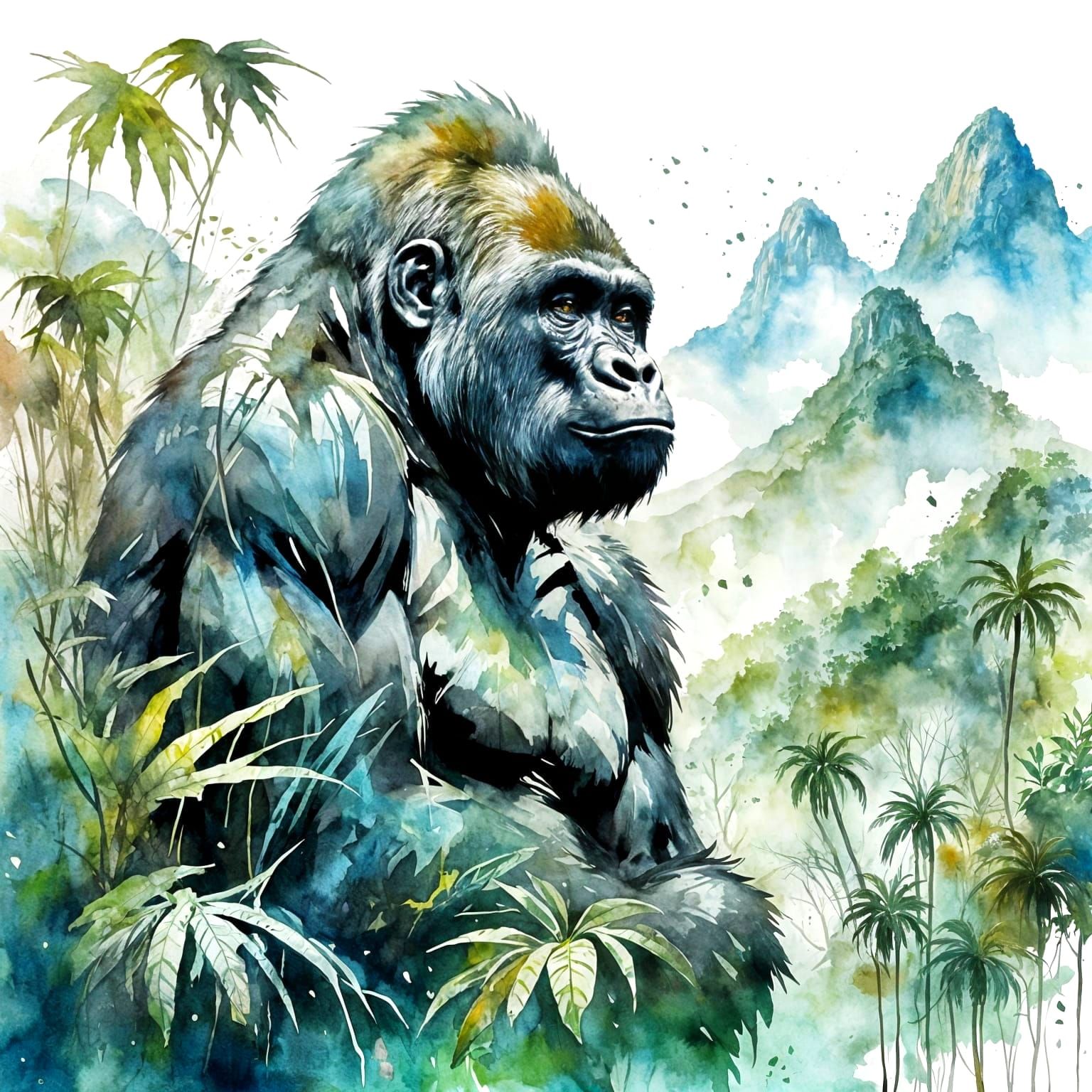 Gorillas in Misty Mountains, Watercolour Style