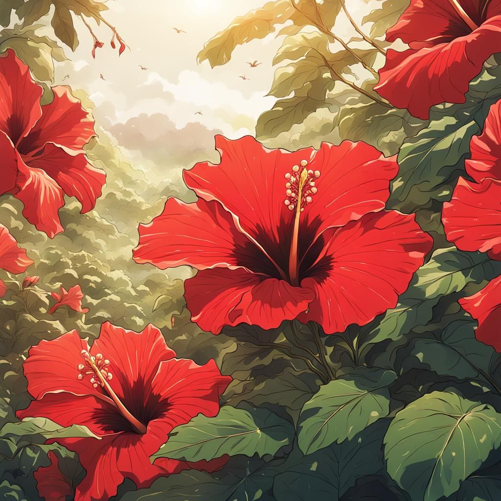 Red Hibiscus Flower in Anime Style