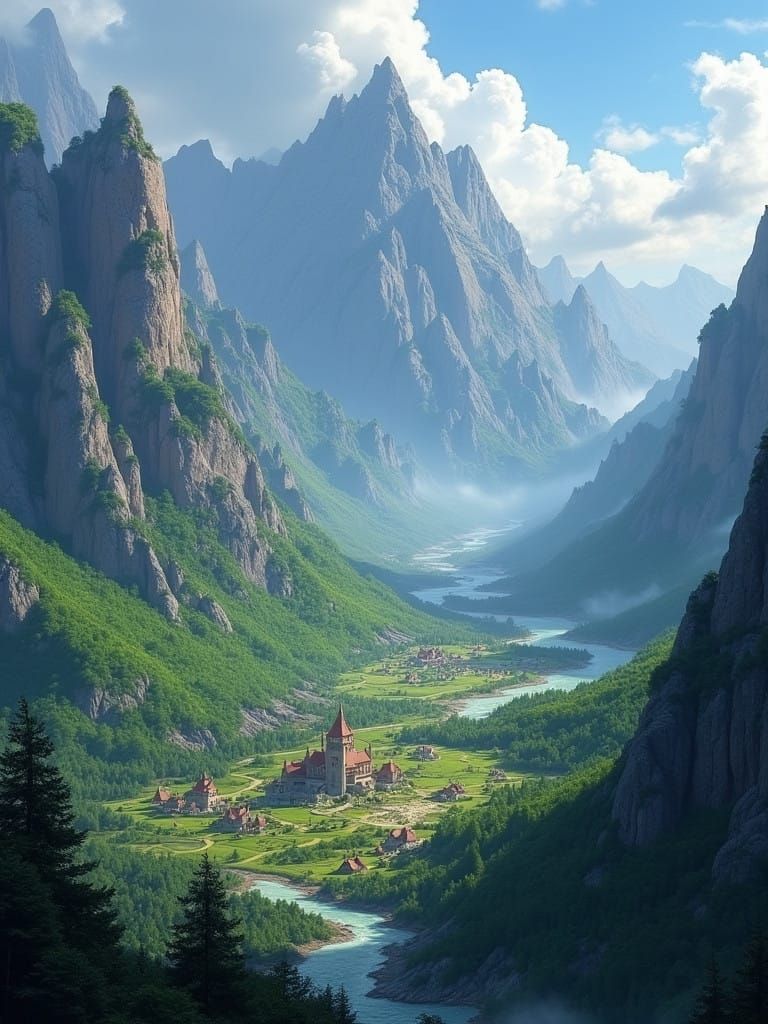 Fantasy World Landscape with Towering Mountains and Lush For...