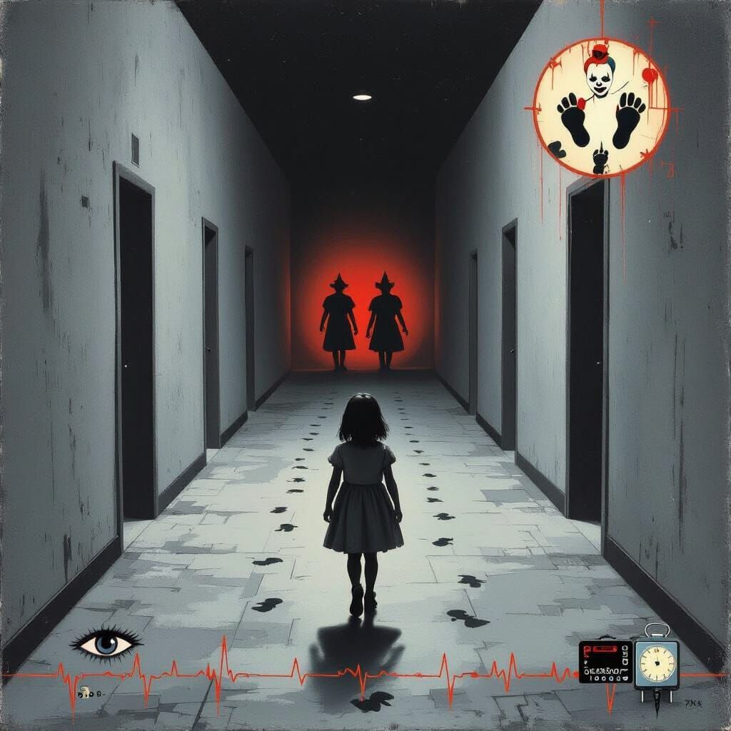 Girl in Surreal Hallway Facing Clowns and Footprints