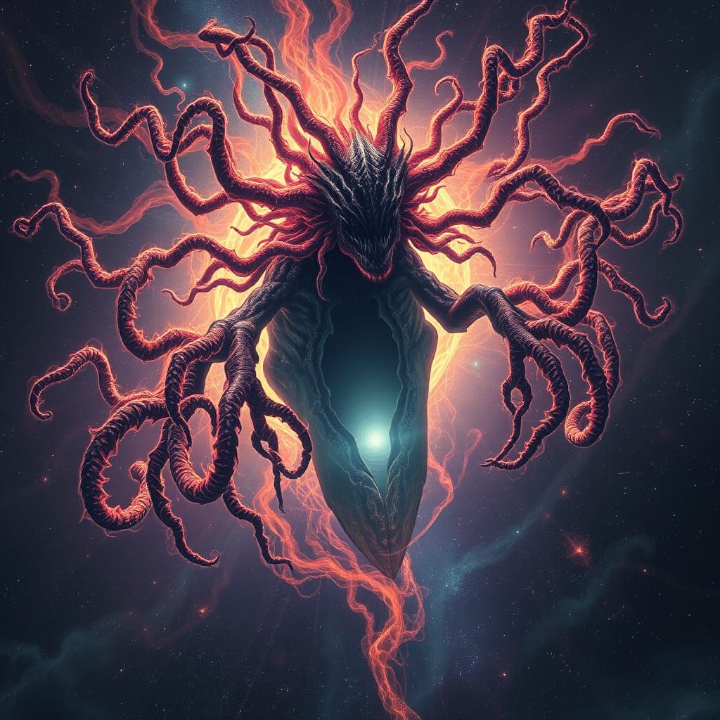 Ethereal Cosmos Monster in Dark Biomechanical Style