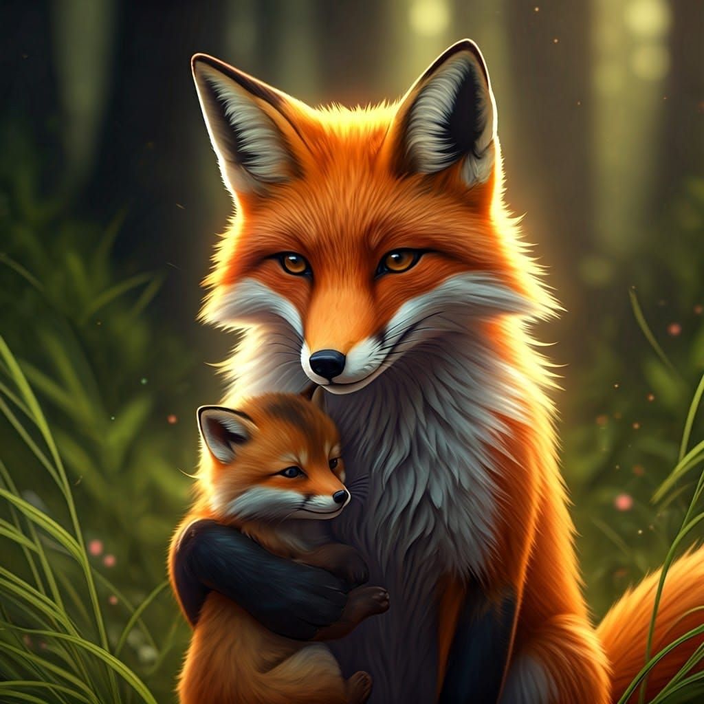 Anime Style 3D Fox with Cub Portrait