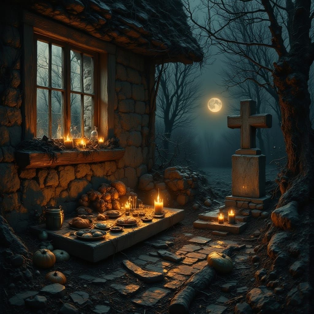 Ancient Slavic Village Scene on Dziady Night