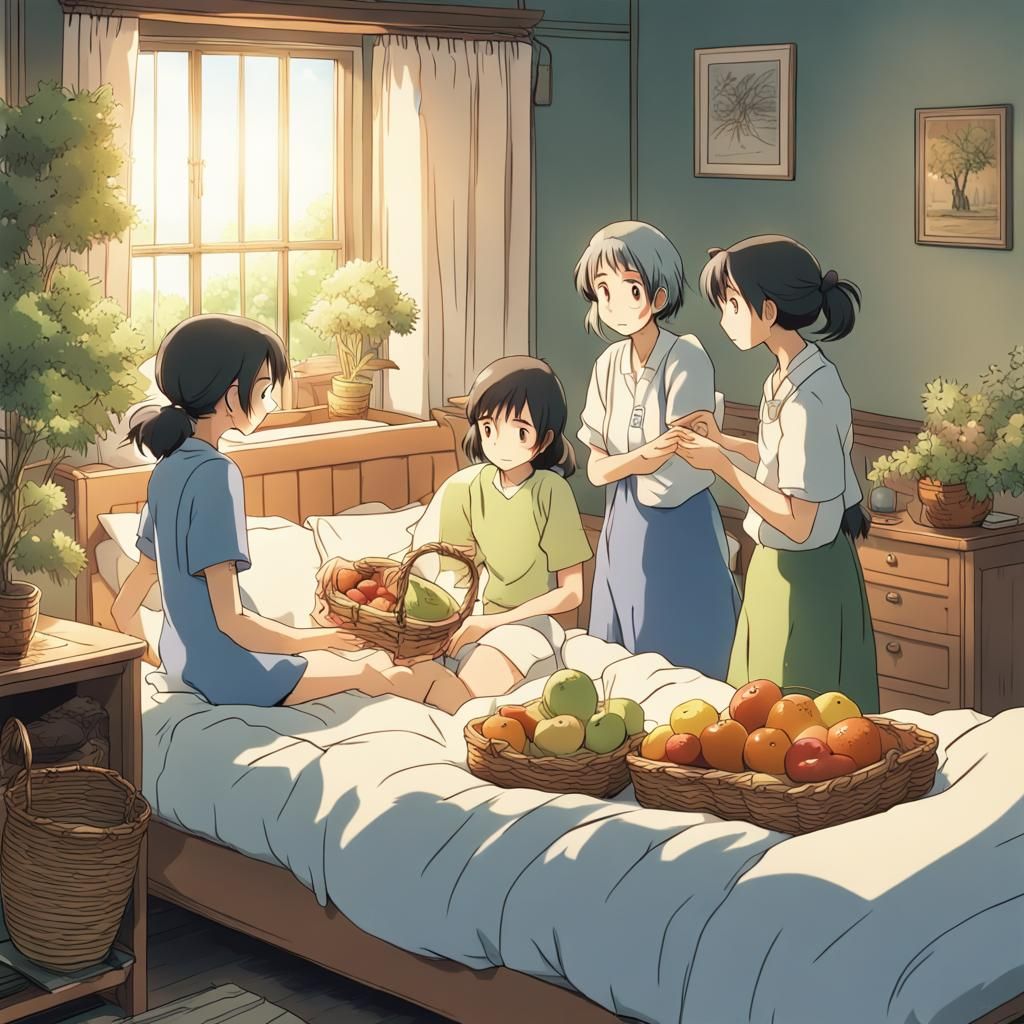Girls Visit Sick Woman: Studio Ghibli Anime Style