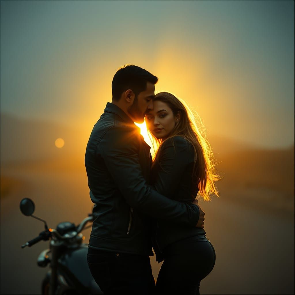 Ethereal Biker Couple Embracing in Moody Cinematic Style