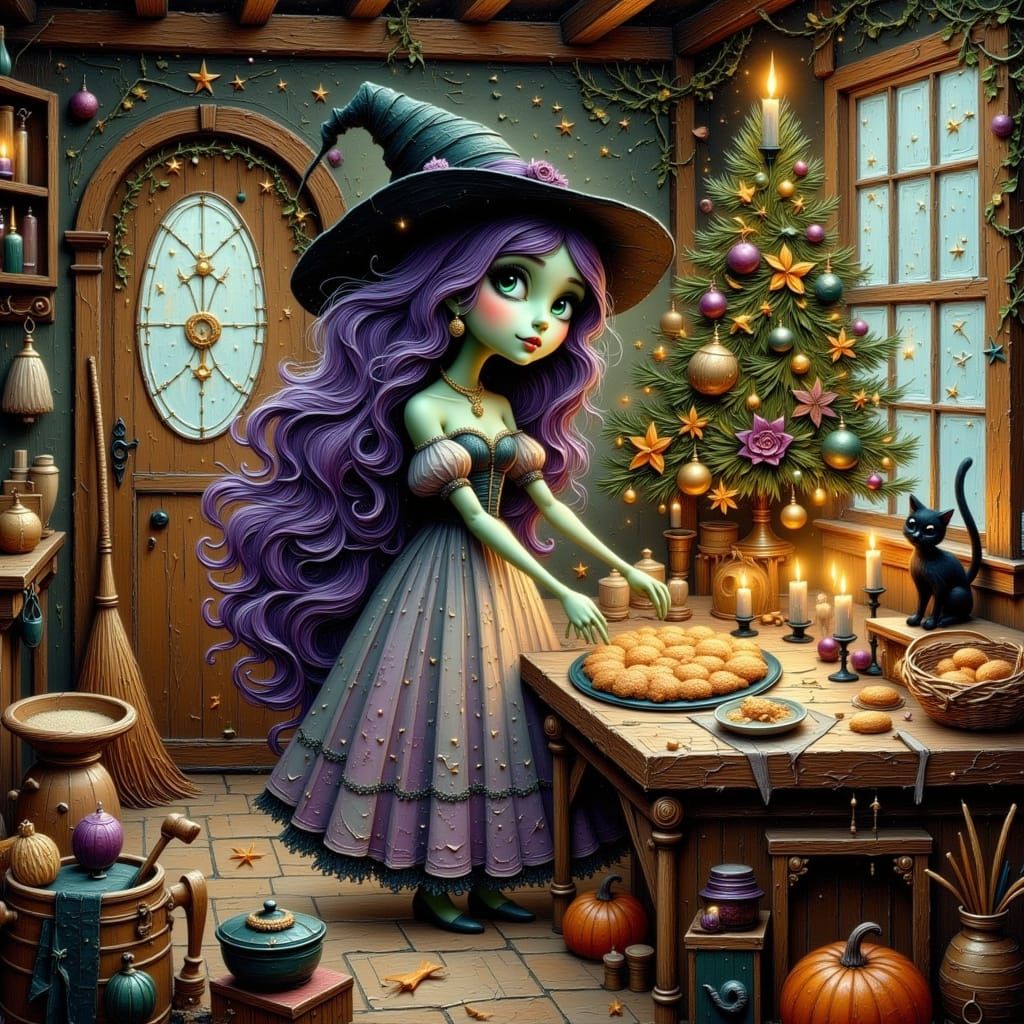 Beautiful Witch Baking in a Cozy Christmas Cottage