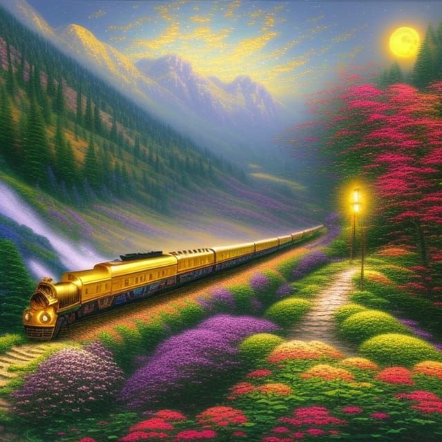 Golden Train Through Mountain in Ethereal Moonlight
