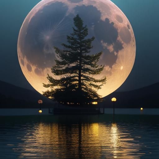 Super Moon Over Serene Lake: Hyper-Realistic Photography