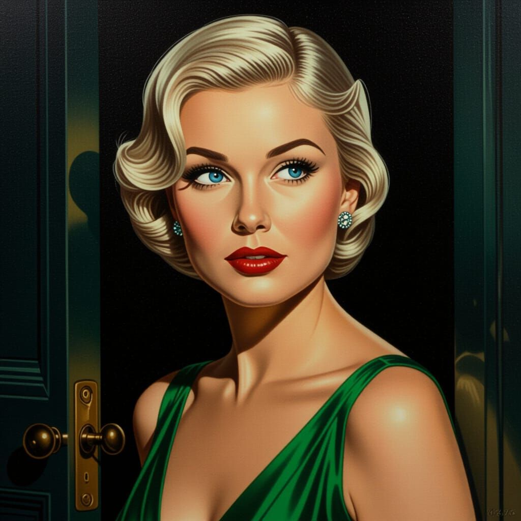 Film Noir Portrait of a Beautiful Woman in Green Gown