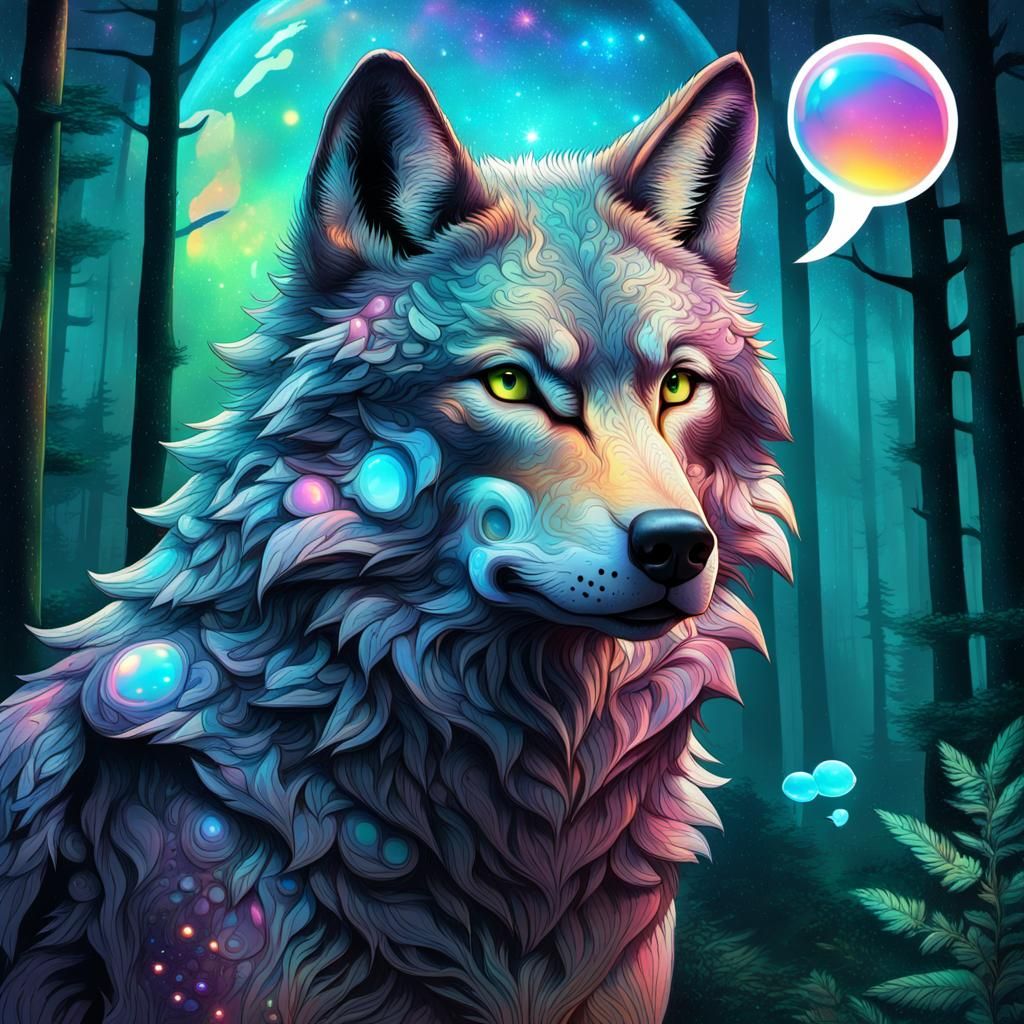 a wolf with a chat bubble with the text FOREST PROTECTOR