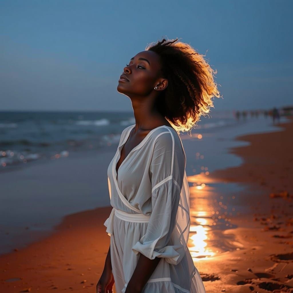 Graceful Black Woman on Beach at Dusk
