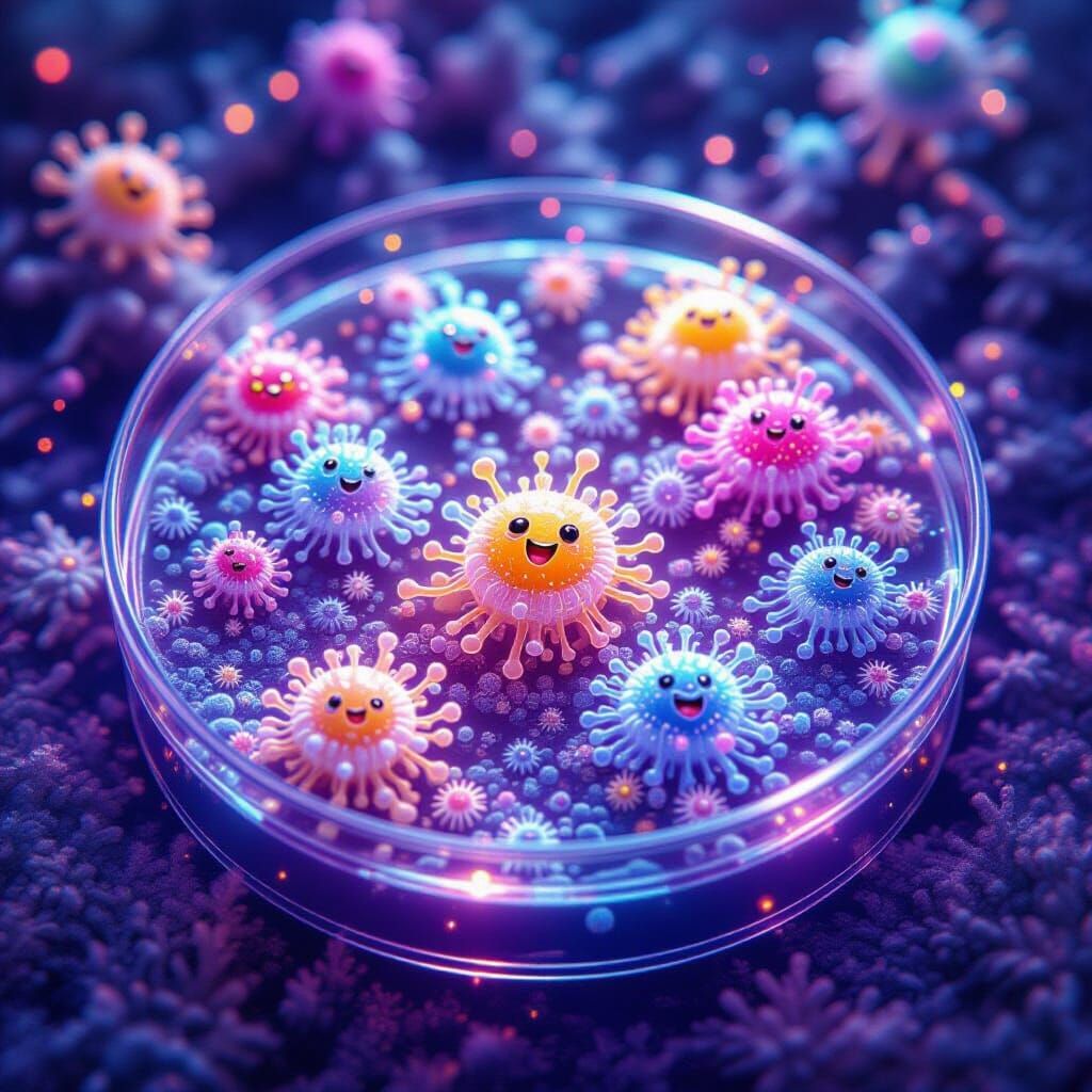 Whimsical Microbes Dancing in Petri Dish Airbrush Art