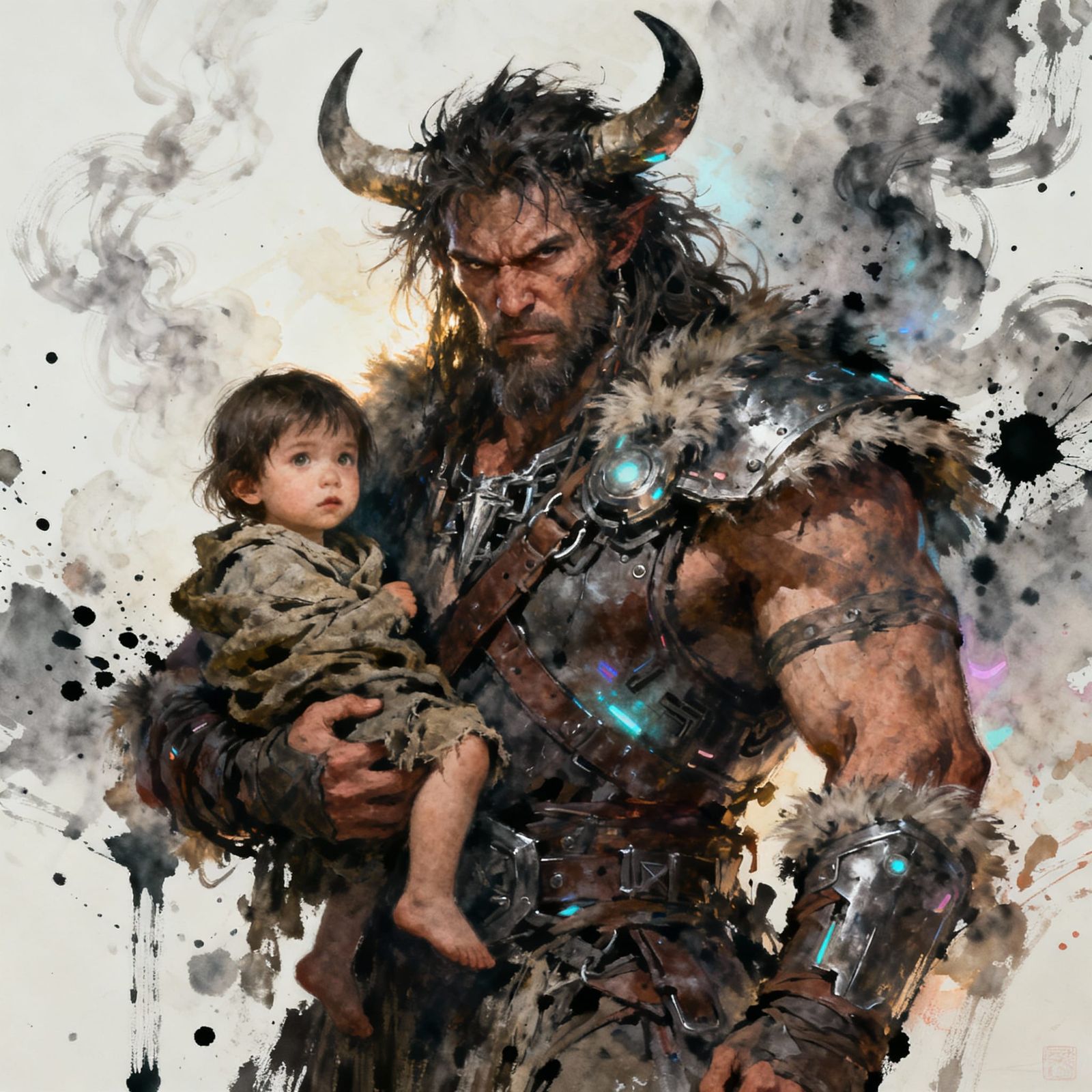 Barbarian Protects Child in Expressive Mixed-Media Painting