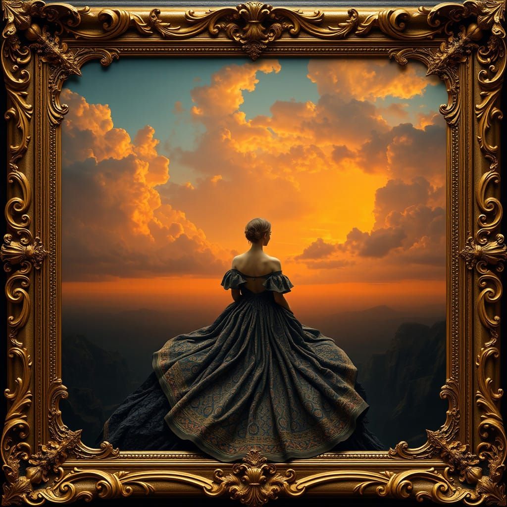 Woman Contemplating the Abyss in Golden Renaissance Frame