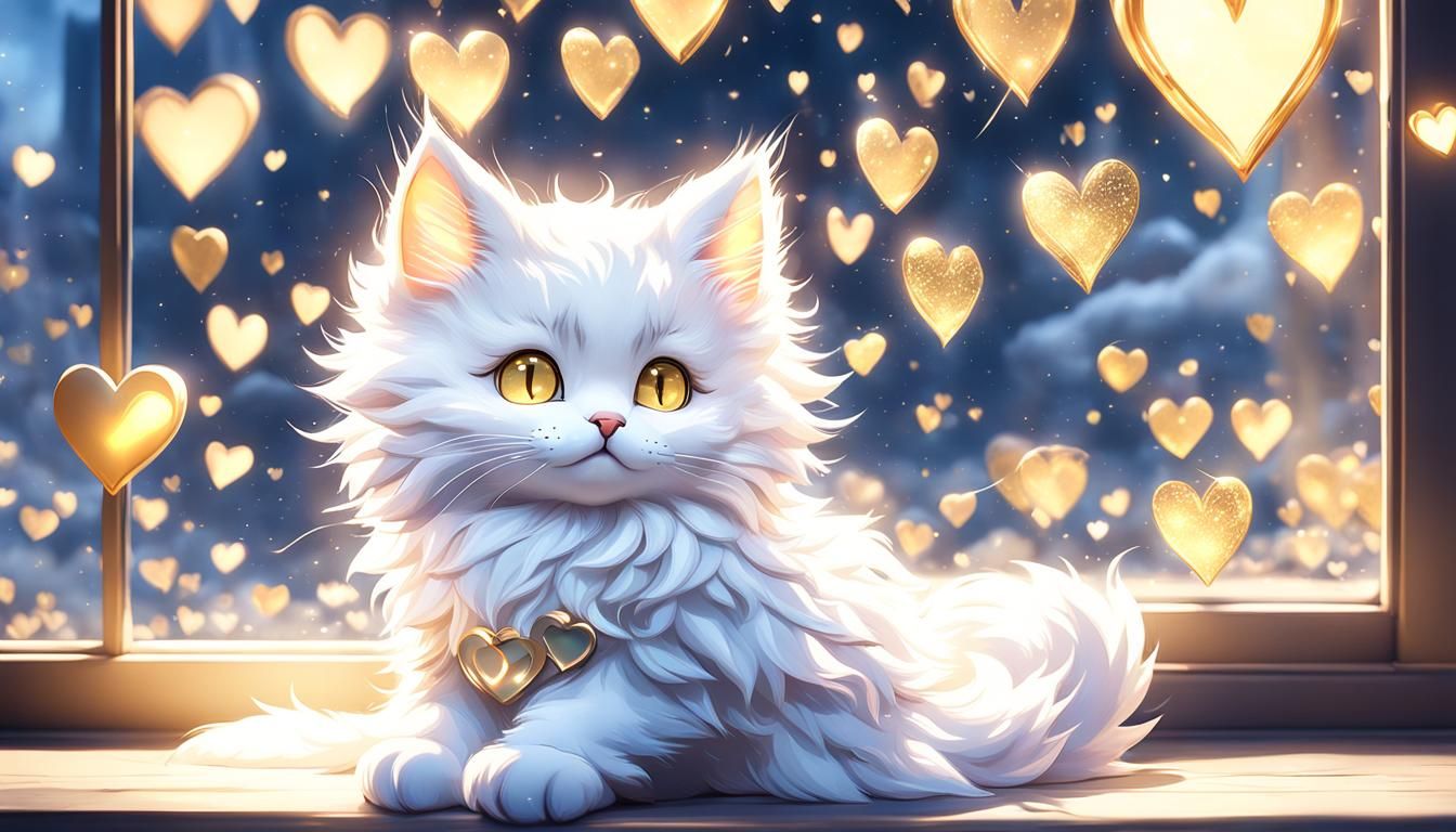 White fluffy chibi large kitten sitting on a window window s...