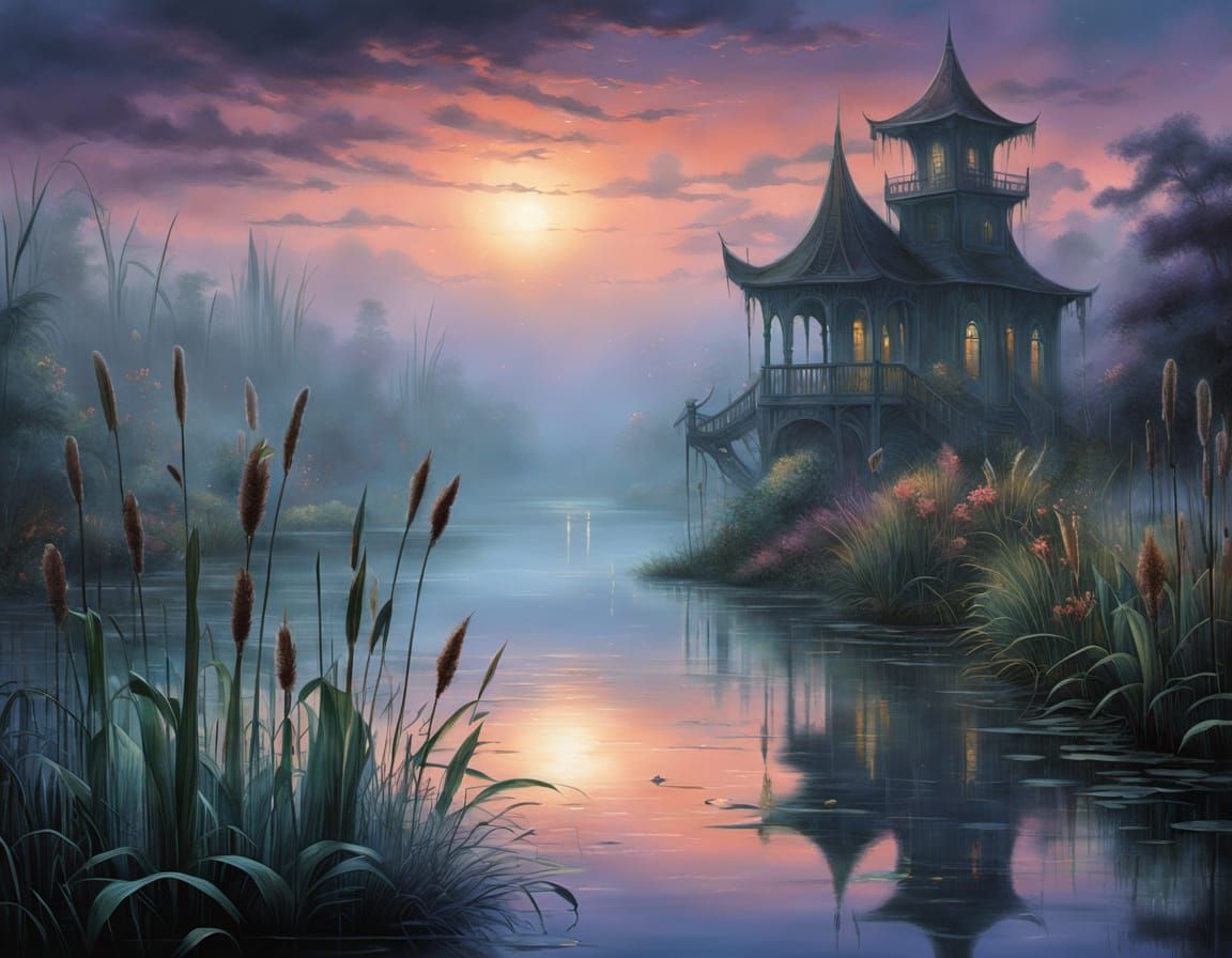 Mystical Twilight Lake in Deep, Dreamy Colors