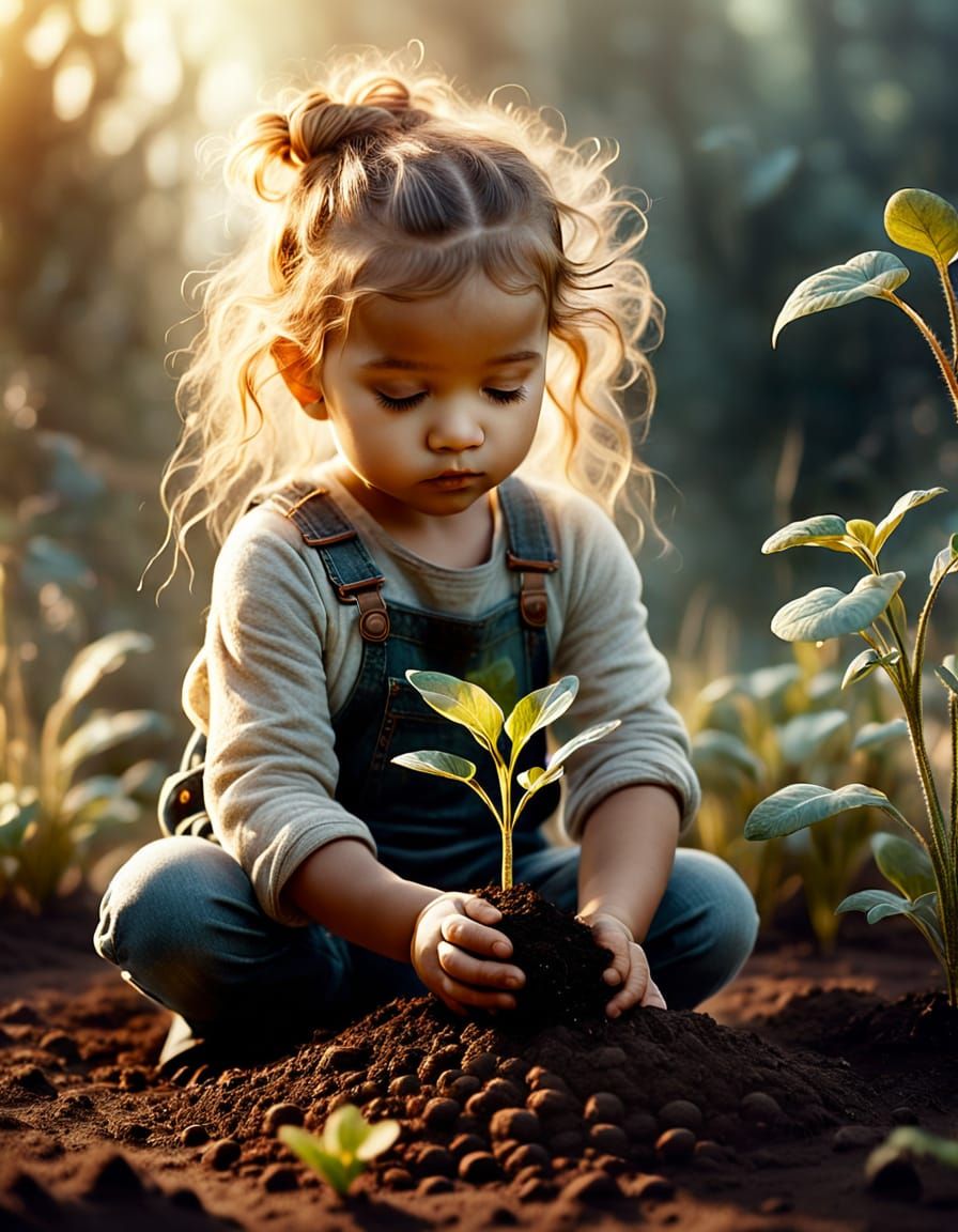Toddler Plants Seedling in Whimsical Illustration