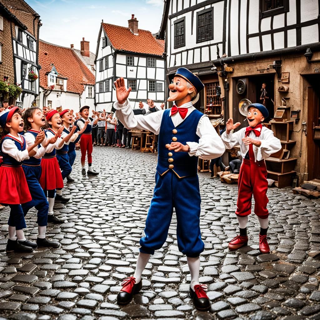 Pinocchio Dances Jig for Sailors on Cobblestone Street
