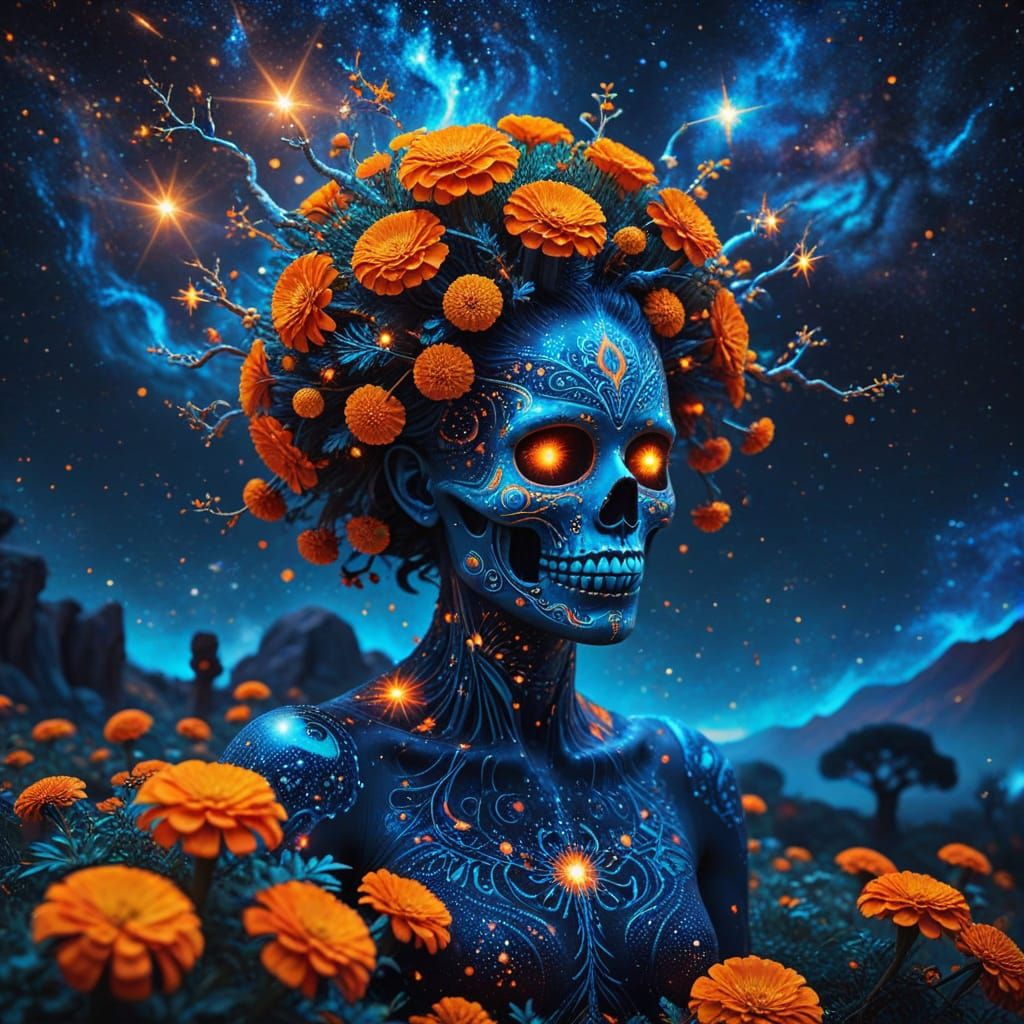 Cosmic Day of the Dead Christmas Tree with Starry Sky