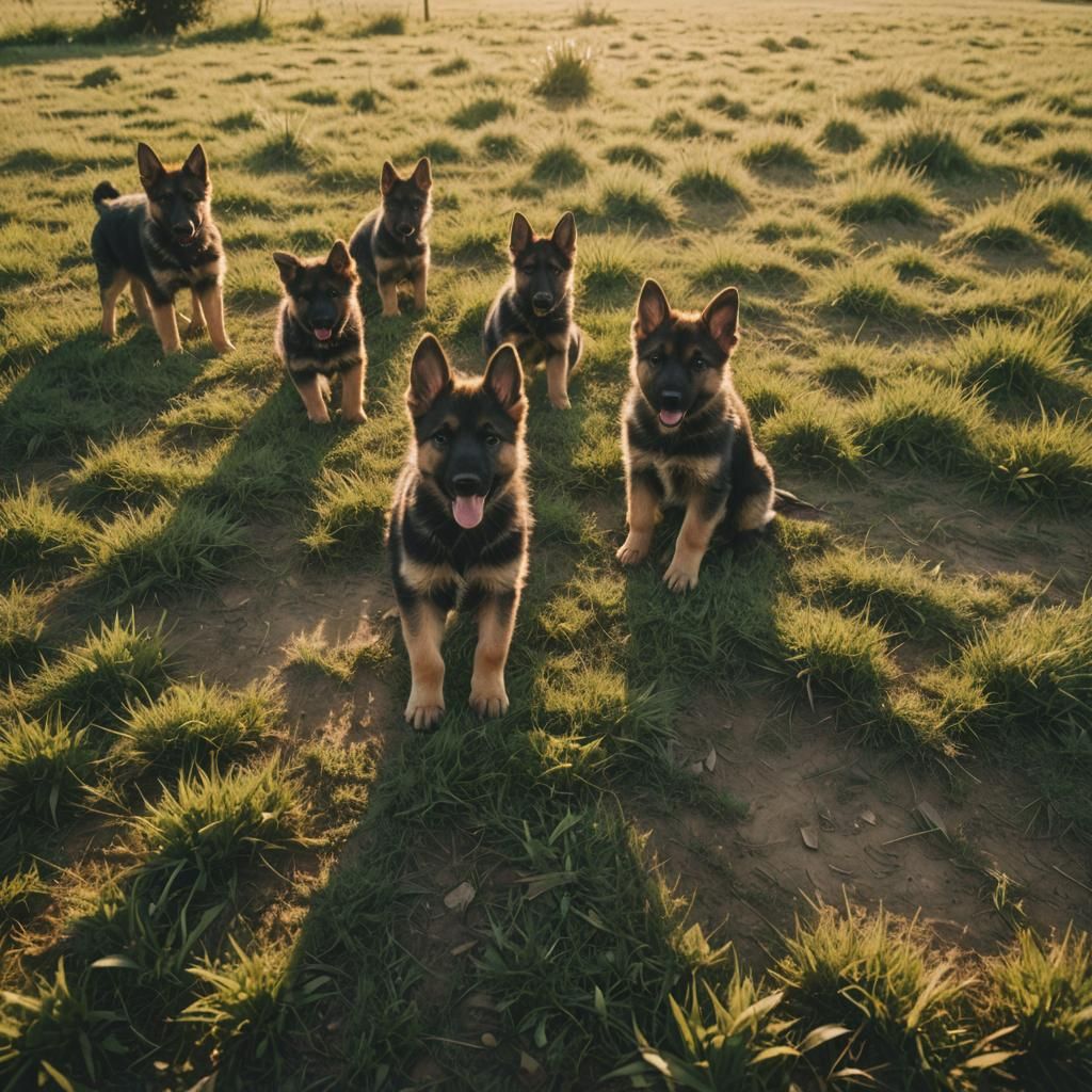 German Shepherd Puppies Playing at Golden Hour