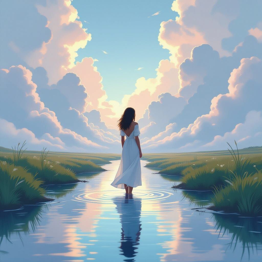 Woman by Sky River in Dreamy Ethereal Style