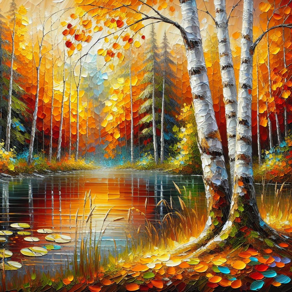 Impasto Autumn Forest with Birch Trees