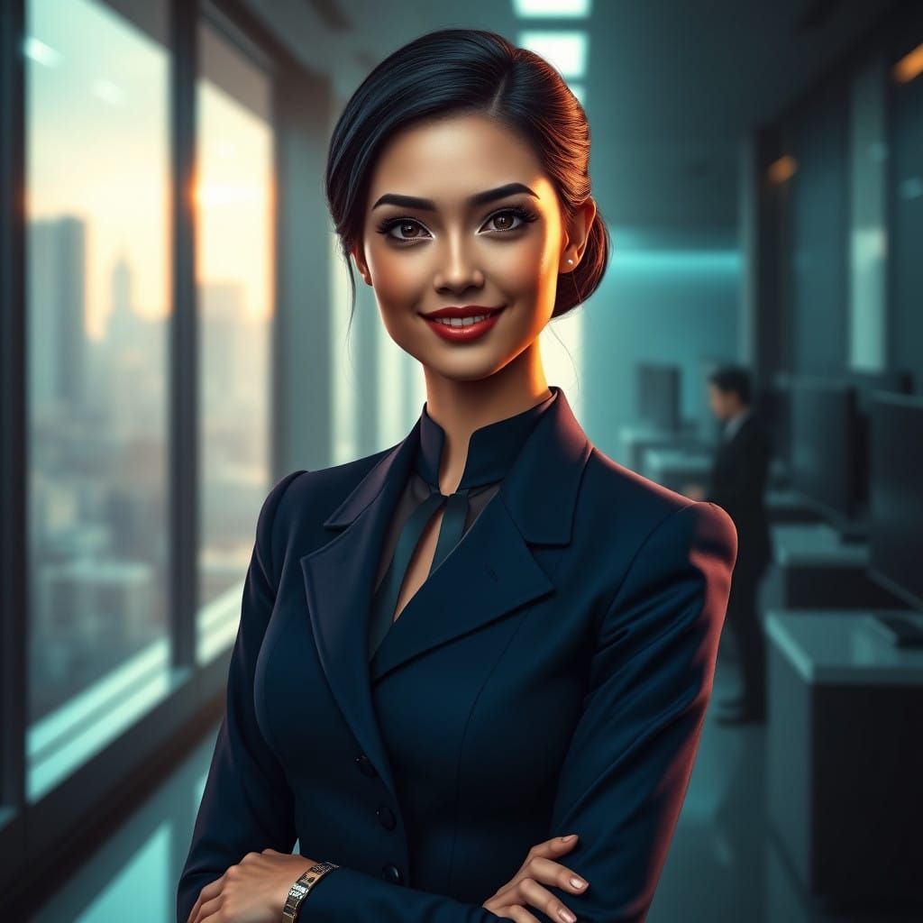 Confident Secretary in Modern Office, Futuristic Art Style