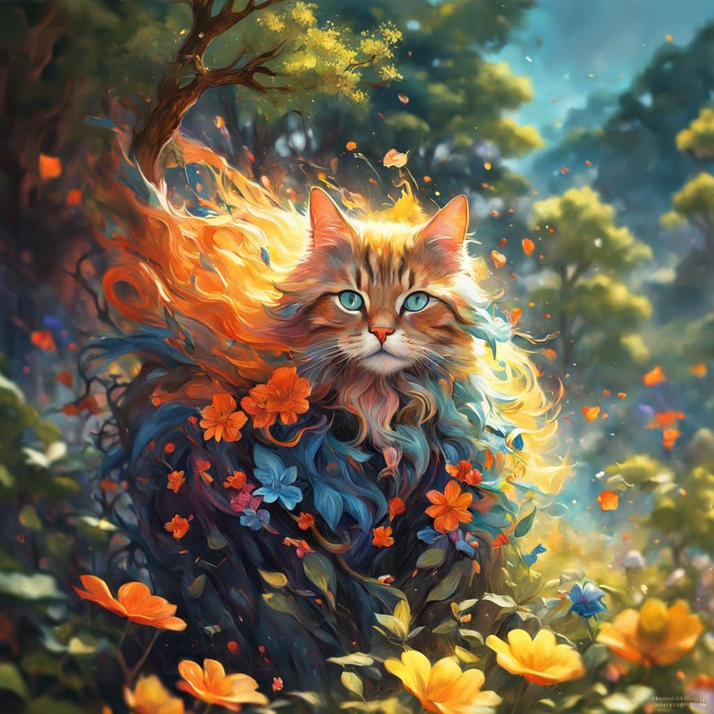 Vibrant Surreal Cat Amidst Blooming Flowers and Twisted Wood...
