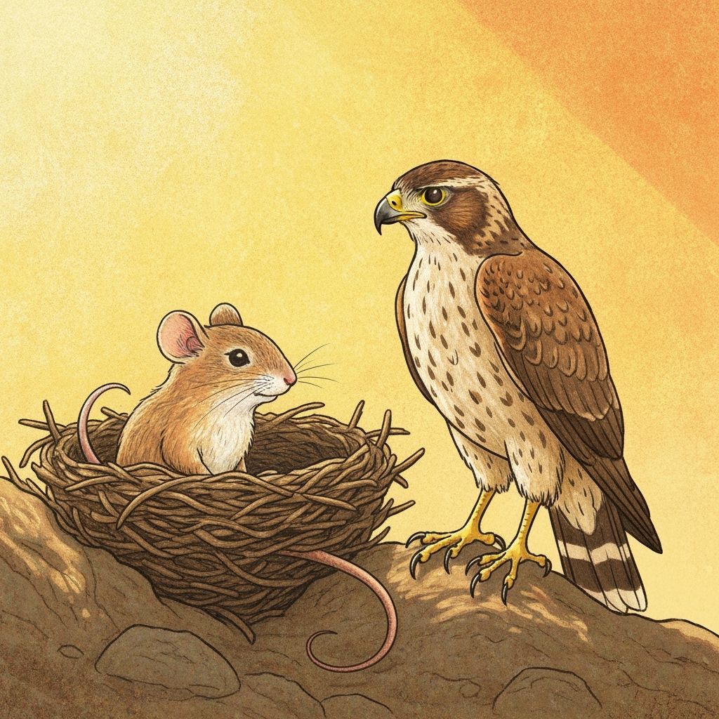 Mouse and Hawk in Nest, Warm Sunlight, Whimsical Illustratio...
