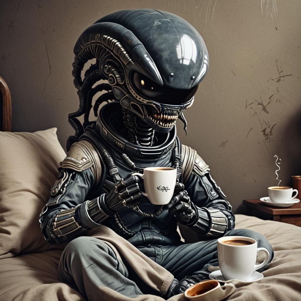 Tired Xenomorph Demands Coffee: 3D Digital Art