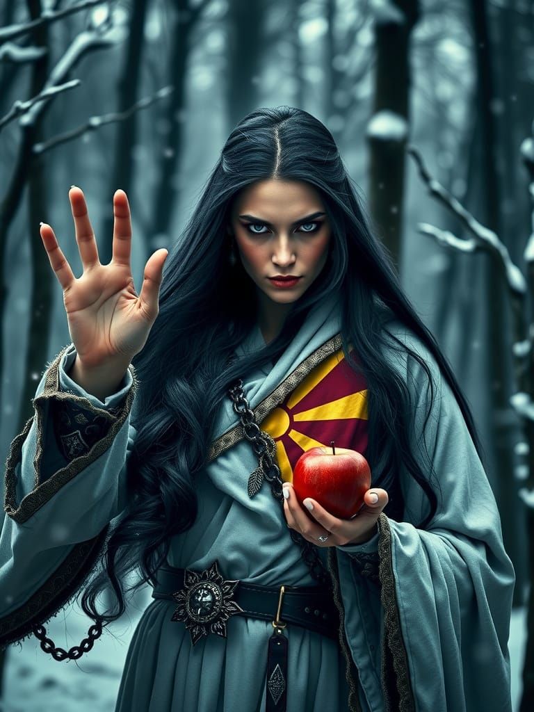 Evil Warrior Woman in Snowy Forest with Macedonian Flag