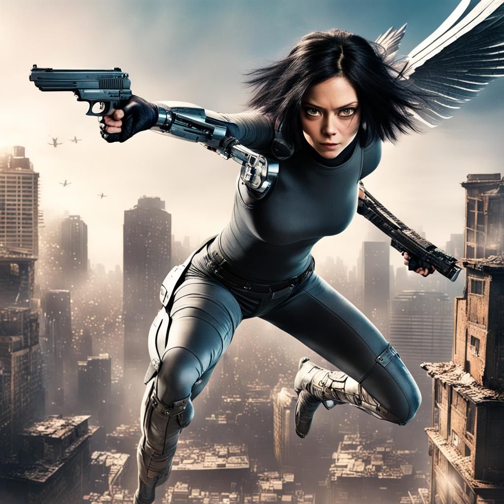 alita battle angel with wings and hand gun , flying over cit...