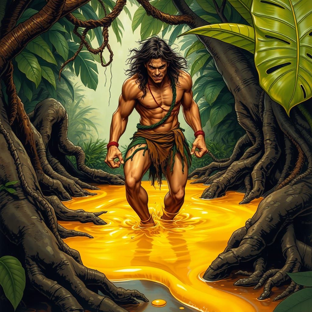 Muscled Jungle Hero Trapped in Golden Glue