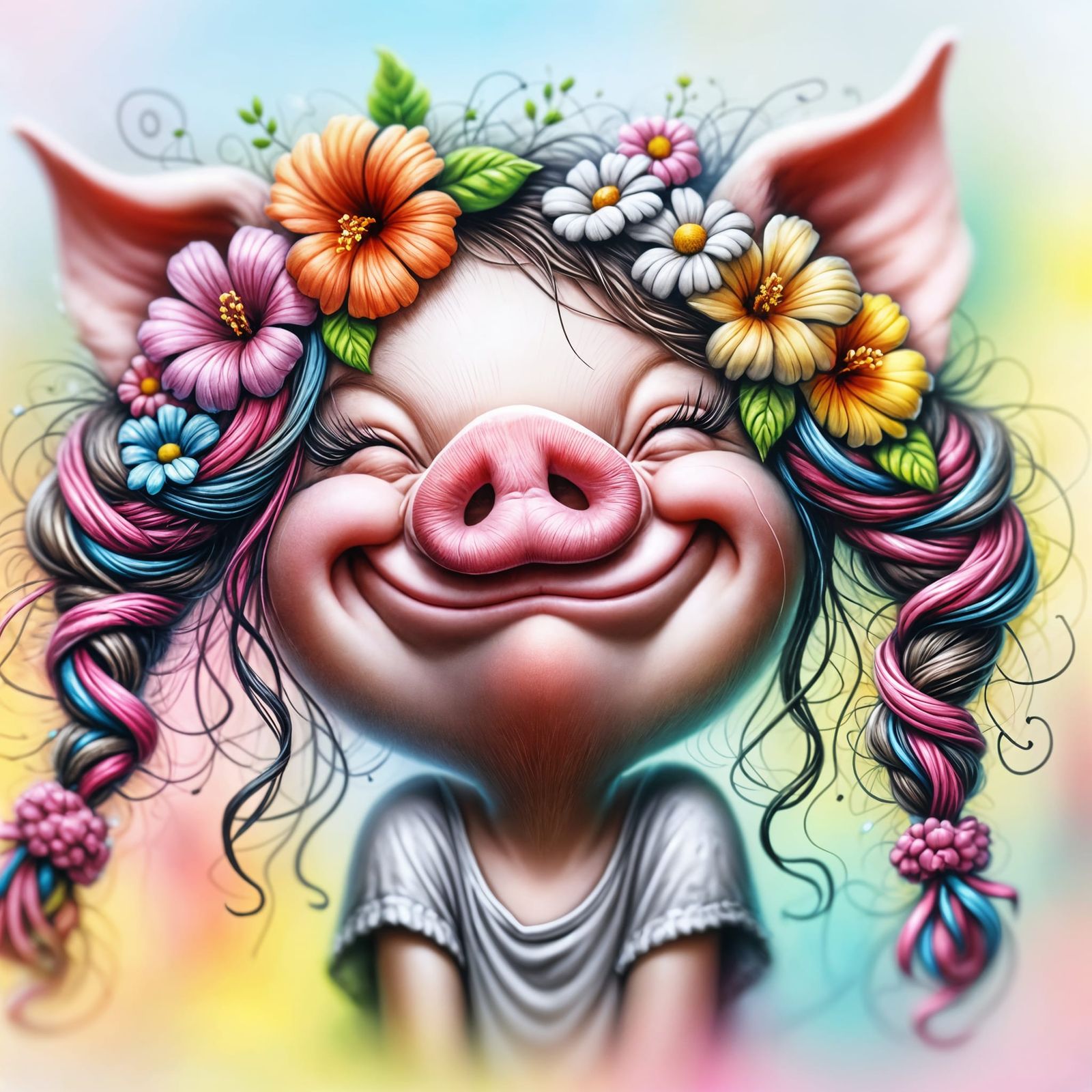 Whimsical Airbrush Portrait of a Playful Pig Girl