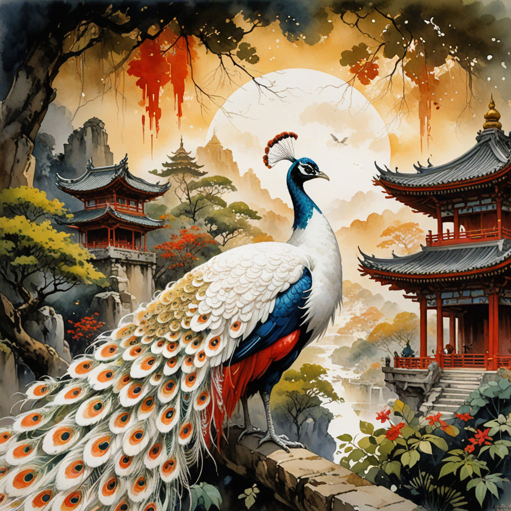 Majestic Asian Peacock in Vibrant Watercolor