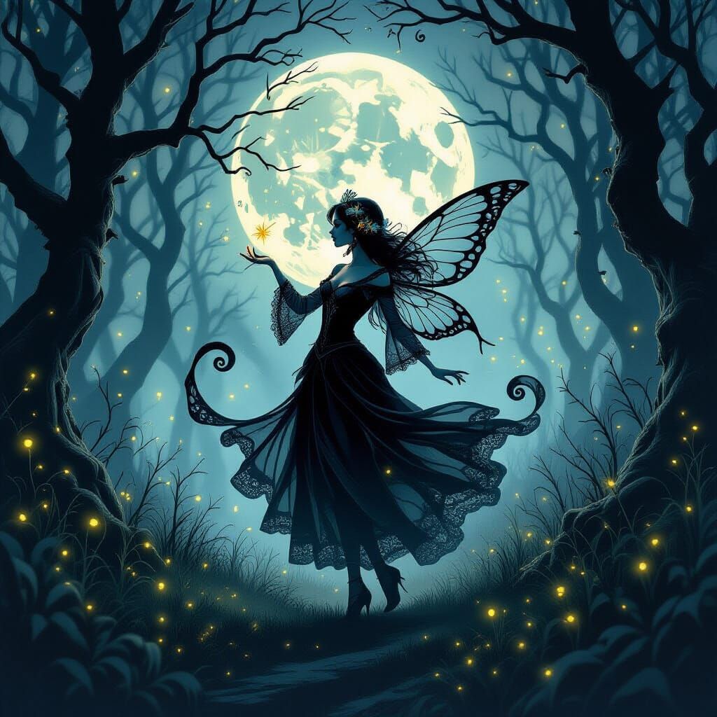 Ink Fairy Dances in Moonlit Forest Clearing
