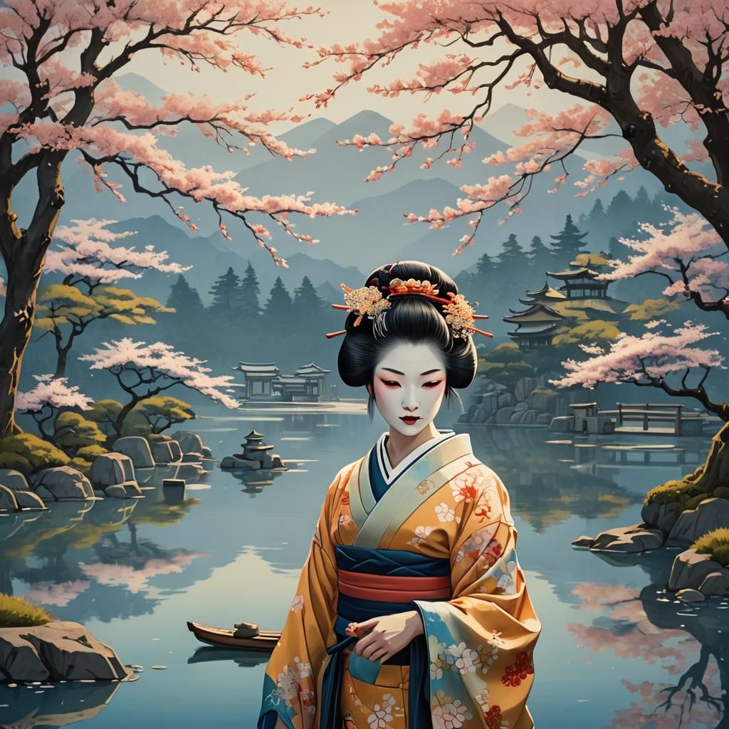Geisha in Japanese Garden, Ukiyo-e Style