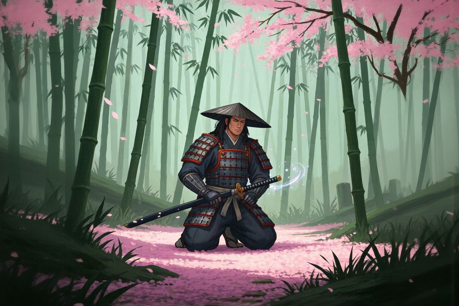 Samurai in Bamboo Forest with Cherry Blossoms