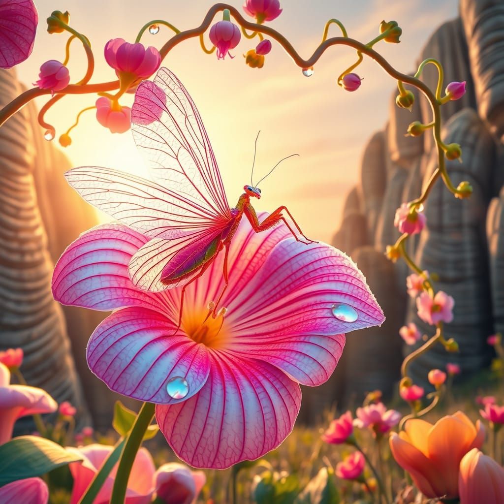 Surreal Praying Mantis in Vibrant Floral Wonderland
