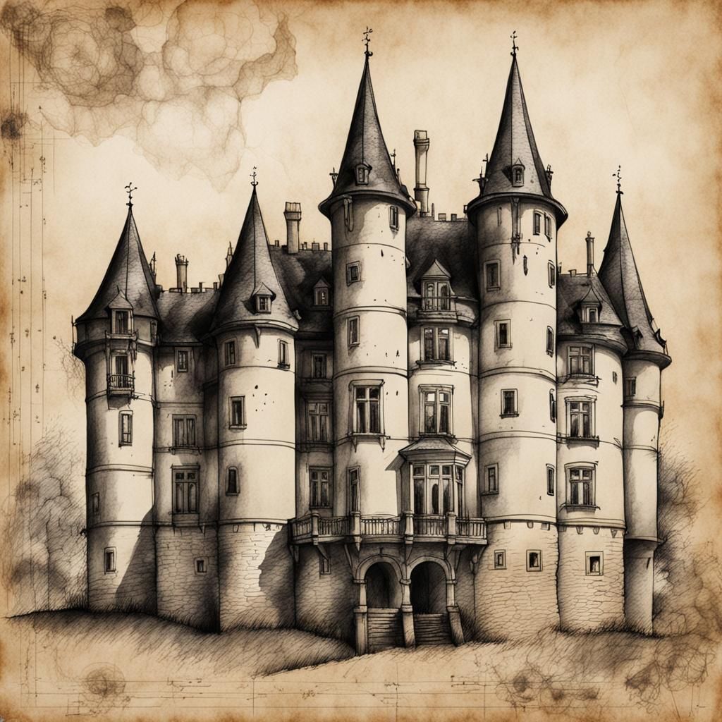 Detailed Pen and Ink Sketch of German Castle