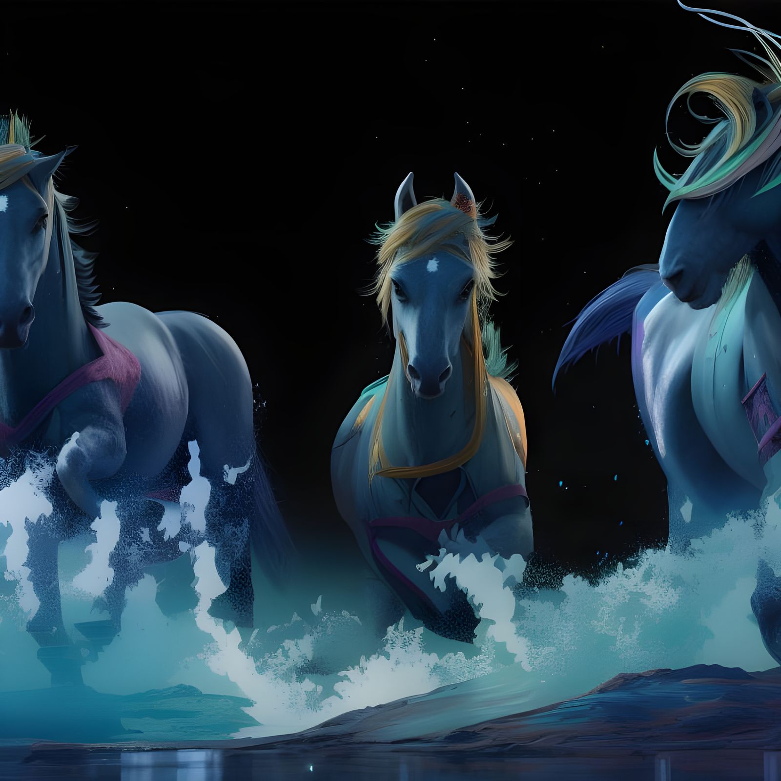 Wild Horses Galloping on Beach in Chiaroscuro Style