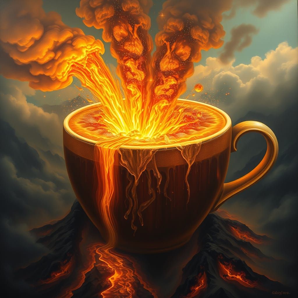 Volcano Espresso: Molten Coffee Erupts in Surreal Landscape