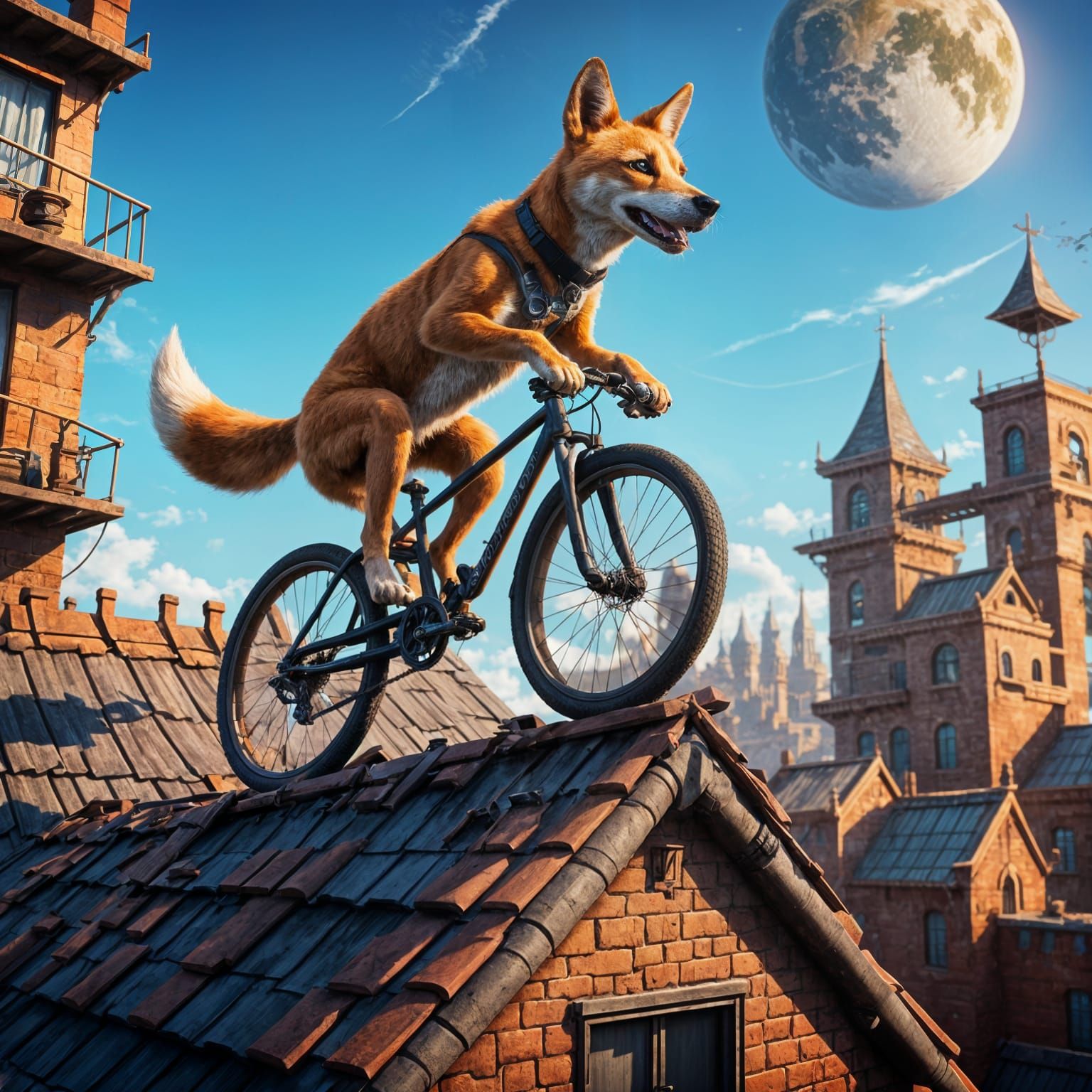 Dingo Cyclist on Rooftop: Fantasy Concept Art