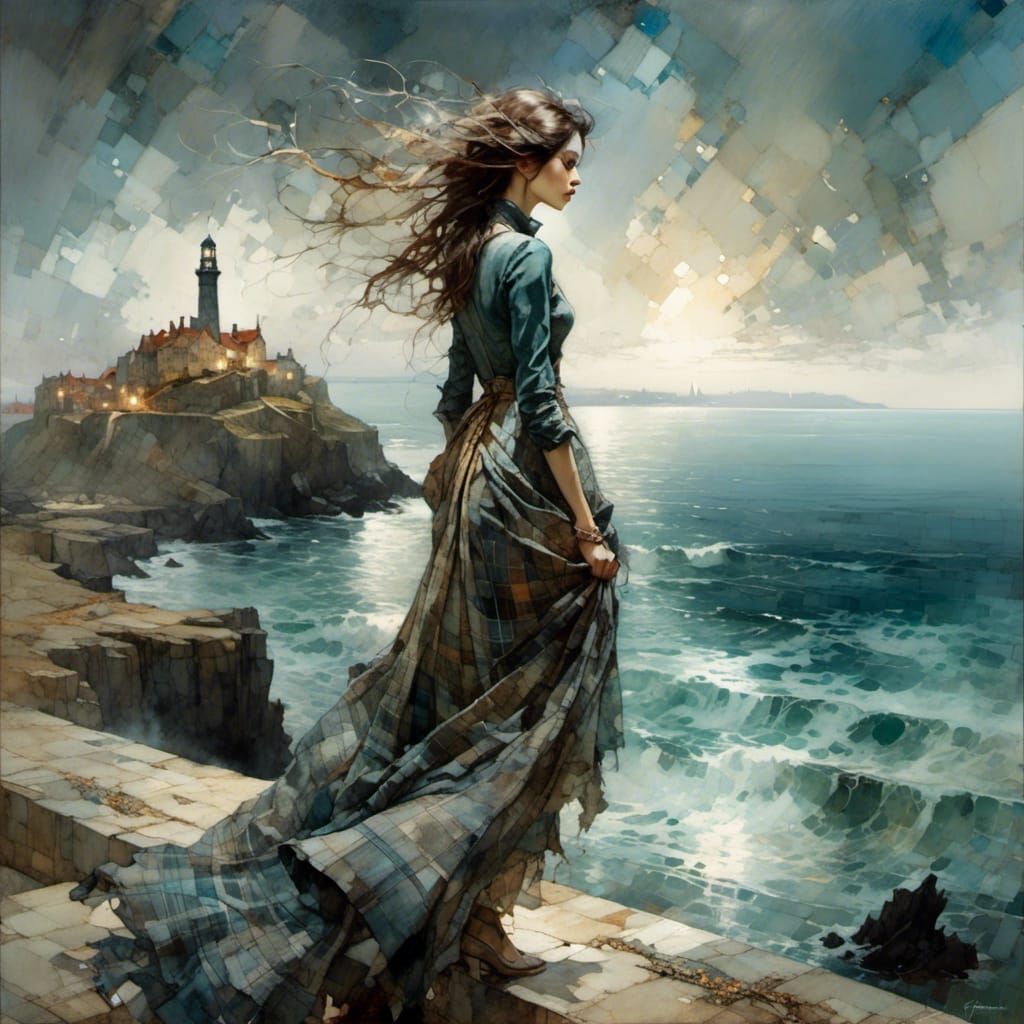 Woman in Tartan Dress Gazing Over Sea